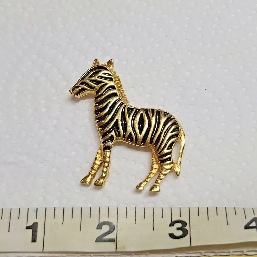 Vintage Black Stripe Enamel Gold Tone Zebra Pin Brooch Safari Animal